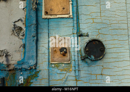 Cracked painted blue wall texture background Stock Photo