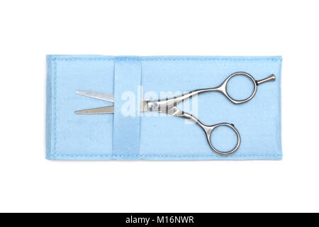 modern professional scissors in blue box isolated on white Stock Photo