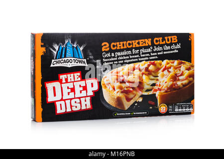 LONDON, UK - JANUARY 24, 2018: Box of Chicago town deep dish chicken pizza on white background. Stock Photo