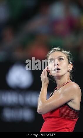 Melbourne, Australia. 27th Jan, 2018. Romania's Simona Halep reacts during the women's singles final match against Denmark's Caroline Wozniacki at Australian Open 2018 in Melbourne, Australia, Jan. 27, 2018. Credit: Bai Xuefei/Xinhua/Alamy Live News Stock Photo