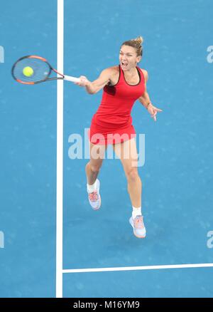 Melbourne, Australia. 27th Jan, 2018. Romania's Simona Halep competes during the women's singles final match against Denmark's Caroline Wozniacki at Australian Open 2018 in Melbourne, Australia, Jan. 27, 2018. Credit: Bai Xuefei/Xinhua/Alamy Live News Stock Photo