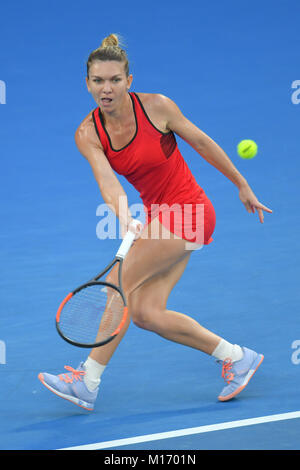 Melbourne, Australia. 27th Jan, 2018. Number one seed Simona Halep of Romania in action in the Women's Final against number two seed Caroline Wozniacki of Denmark on day thirteen of the 2018 Australian Open Grand Slam tennis tournament in Melbourne, Australia. Sydney Low/Cal Sport Media/Alamy Live News Stock Photo