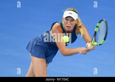 Melbourne, Australia. 27th Jan, 2018. Number two seed Caroline Wozniacki of Denmark in action in the Women's Final against number one seed Simona Halep of Romania on day thirteen of the 2018 Australian Open Grand Slam tennis tournament in Melbourne, Australia. Sydney Low/Cal Sport Media/Alamy Live News Stock Photo