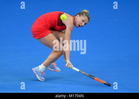 Melbourne, Australia. 27th Jan, 2018. Number one seed Simona Halep of Romania in action in the Women's Final against number two seed Caroline Wozniacki of Denmark on day thirteen of the 2018 Australian Open Grand Slam tennis tournament in Melbourne, Australia. Sydney Low/Cal Sport Media/Alamy Live News Stock Photo