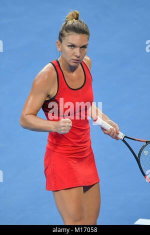 Melbourne, Australia. 27th Jan, 2018. Number one seed Simona Halep of Romania in action in the Women's Final against number two seed Caroline Wozniacki of Denmark on day thirteen of the 2018 Australian Open Grand Slam tennis tournament in Melbourne, Australia. Sydney Low/Cal Sport Media/Alamy Live News Stock Photo