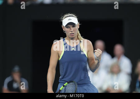 Melbourne, Australia. 27th January, 2017. Danish tennis player Caroline Wozniacki is in action during the finals match at the Australian Open vs Romanian tennis player Simona Halep on Jan 27, 2018 in Melbourne, Australia - ©Yan Lerval/Alamy Live News Stock Photo