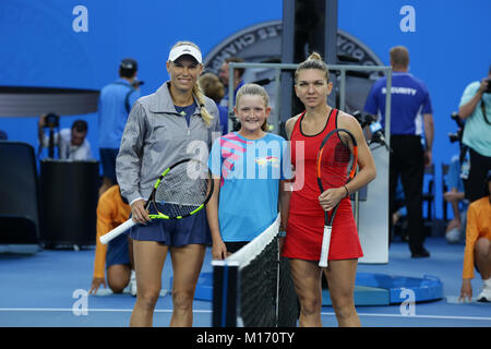 Melbourne, Australia. 27th January, 2017. Danish tennis player Caroline Wozniacki is in action during the finals match at the Australian Open vs Romanian tennis player Simona Halep on Jan 27, 2018 in Melbourne, Australia - ©Yan Lerval/Alamy Live News Stock Photo