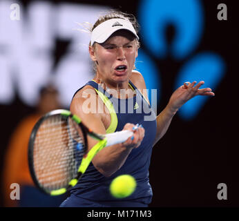 Melbourne, Australia. 27th Jan, 2018. Denmark's Caroline Wozniacki competes during the women's singles final match against Romania's Simona Halep at Australian Open 2018 in Melbourne, Australia, Jan. 27, 2018. Credit: Li Peng/Xinhua/Alamy Live News Stock Photo