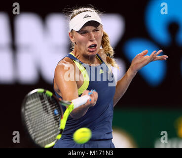 Melbourne, Australia. 27th Jan, 2018. Denmark's Caroline Wozniacki competes during the women's singles final match against Romania's Simona Halep at Australian Open 2018 in Melbourne, Australia, Jan. 27, 2018. Credit: Li Peng/Xinhua/Alamy Live News Stock Photo