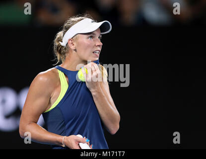 Melbourne, Australia. 27th Jan, 2018. Denmark's Caroline Wozniacki competes during the women's singles final match against Romania's Simona Halep at Australian Open 2018 in Melbourne, Australia, Jan. 27, 2018. Credit: Li Peng/Xinhua/Alamy Live News Stock Photo