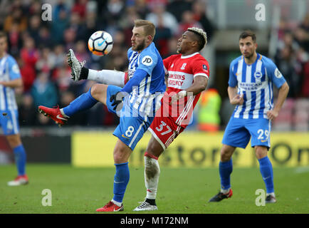 Riverside Stadium, Middlesbrough, UK. 27th January, 2018. Jiri Skalak & Adama Traore MIDDLESBROUGH FC V BRIGHTON FC MIDDLESBROUGH FC V BRIGHTON FC 27 January 2018 GBB6222 FA Cup, Riverside Stadium, Middlesbrough, England 27/01/2018 STRICTLY EDITORIAL USE ONLY. If The Player/Players Depicted In This Image Is/Are Playing For An English Club Or The England National Team. Then This Image May Only Be Used For Editorial Purposes. No Commercial Use. The Following Usages Are Also Restricted EVEN IF IN AN EDITORIAL CONTEXT: Credit: Allstar Picture Library/Alamy Live News Stock Photo