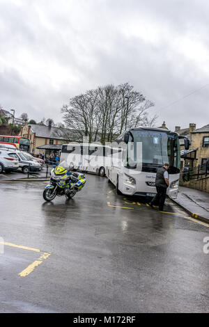 Holmfirth, England. 27th January 2018. Birmingham City supporters travelling to the FA Cup tie against premier league Huddersfield Town, make stop at rural Holmfirth.Coaches  arrive to take the Birmingham City Supporters to the football match against premier league Huddersfield Town. Carl Dckinson/Alamy Live News Stock Photo