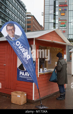 Helsinki, Finland, 27th January, 2018. People at the promo tent of candidates Paavo Väyrynen, Presidential candidate. He was Presidential candidate three times before, and this year participated as independent candidate Credit: StockphotoVideo/Alamy Live News Stock Photo