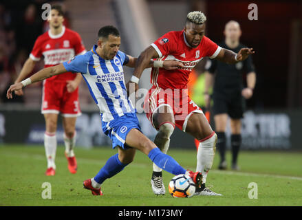 Riverside Stadium, Middlesbrough, UK. 27th January, 2018. Liam Rosenior & Adama Traore MIDDLESBROUGH FC V BRIGHTON FC MIDDLESBROUGH FC V BRIGHTON FC 27 January 2018 GBB6231 FA Cup, Riverside Stadium, Middlesbrough, England 27/01/2018 STRICTLY EDITORIAL USE ONLY. If The Player/Players Depicted In This Image Is/Are Playing For An English Club Or The England National Team. Then This Image May Only Be Used For Editorial Purposes. No Commercial Use. The Following Usages Are Also Restricted EVEN IF IN AN EDITORIAL CONTEXT: Use in conjuction with, or part of, any unauthorized audio, video, data, fixt Stock Photo