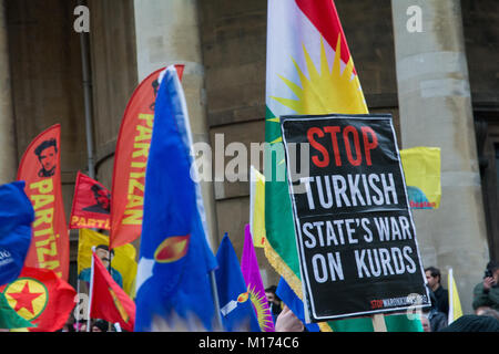 London, UK, 27th January 2018. Protesters showing solidarity with the Kurds under attack in Afrin protested outside BBC Broadcasting House in London. The demonstration was against the invasion by Turkey, who claimed they were attacking terrorists. Banners also referenced biased BBC reporting. Credit: Steve Bell/Alamy Live news Stock Photo