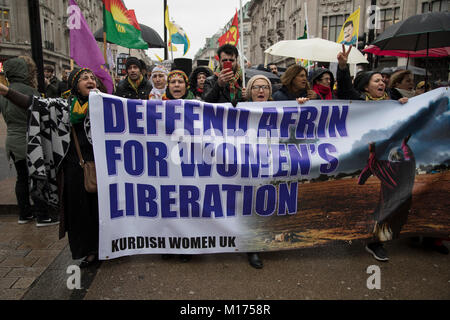 London, UK. 27th January, 2018. Members of the British Kurdish community demonstrate in central London against the Turkish offensive in the Afrin region of Syria, and call for the UK government to take action and not support arms sales to Turkey on 27th January 2018 in London, United Kingdom. Credit: Michael Kemp/Alamy Live News Stock Photo