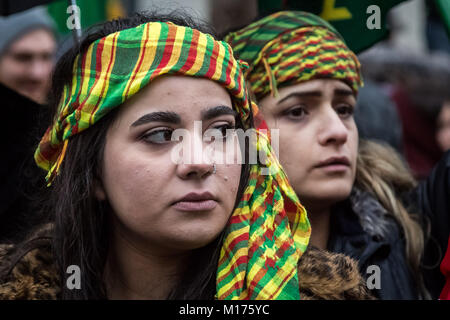 London, UK. 27th January, 2018. British Kurds protest march from BBC HQ to demonstrate opposite Downing Street in solidarity with Rojava and Afrin regions and demand the UK government takes action against the on-going Turkish military offensives in northern Syria. © Guy Corbishley/Alamy Live News Stock Photo