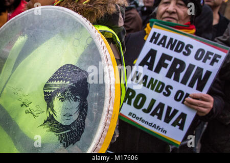 London, UK. 27th January, 2018. British Kurds protest march from BBC HQ to demonstrate opposite Downing Street in solidarity with Rojava and Afrin regions and demand the UK government takes action against the on-going Turkish military offensives in northern Syria. © Guy Corbishley/Alamy Live News Stock Photo