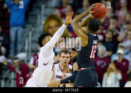 January 27, 2018: South Carolina Gamecocks guard Wesley Myers (15) defends the three from Texas Tech Red Raiders guard Keenan Evans (12) in the NCAA Basketball matchup at Colonial Life Arena in Columbia, SC. (Scott Kinser/Cal Sport Media) Stock Photo