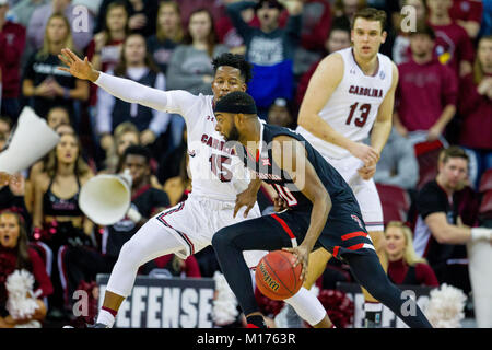 January 27, 2018: South Carolina Gamecocks guard Wesley Myers (15) defends the drive from Texas Tech Red Raiders guard Niem Stevenson (10) in the NCAA Basketball matchup at Colonial Life Arena in Columbia, SC. (Scott Kinser/Cal Sport Media) Stock Photo