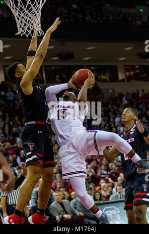 January 27, 2018: Texas Tech Red Raiders guard Zhaire Smith (2) defends the shot from South Carolina Gamecocks guard Wesley Myers (15) in the NCAA Basketball matchup at Colonial Life Arena in Columbia, SC. (Scott Kinser/Cal Sport Media) Stock Photo