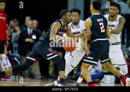 January 27, 2018: Texas Tech Red Raiders guard Keenan Evans (12) runs South Carolina Gamecocks guard Wesley Myers (15) in to the screen from guard Zhaire Smith (2) in the NCAA Basketball matchup at Colonial Life Arena in Columbia, SC. (Scott Kinser/Cal Sport Media) Stock Photo