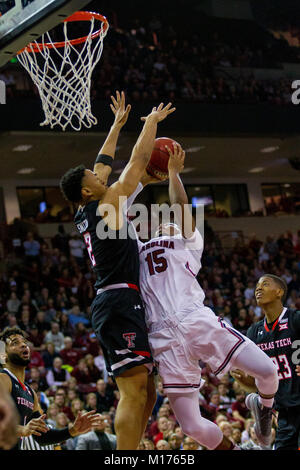 January 27, 2018: Texas Tech Red Raiders guard Zhaire Smith (2) defends the shot from South Carolina Gamecocks guard Wesley Myers (15) in the NCAA Basketball matchup at Colonial Life Arena in Columbia, SC. (Scott Kinser/Cal Sport Media) Stock Photo