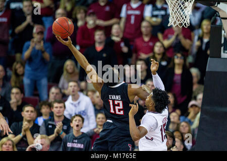 January 27, 2018: Texas Tech Red Raiders guard Keenan Evans (12) goes up for a layup against South Carolina Gamecocks guard Wesley Myers (15) in the NCAA Basketball matchup at Colonial Life Arena in Columbia, SC. (Scott Kinser/Cal Sport Media) Stock Photo