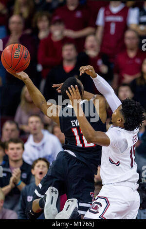 January 27, 2018: Texas Tech Red Raiders guard Keenan Evans (12) goes up for a layup against South Carolina Gamecocks guard Wesley Myers (15) in the NCAA Basketball matchup at Colonial Life Arena in Columbia, SC. (Scott Kinser/Cal Sport Media) Stock Photo