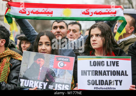 London, UK. 27th Jan, 2018. Protest outside the BBC before marching to Downing Streetp  to highlight the Turkish state which has began a military action against the people of Afrin and Rojava. Penelope Barritt/Alamy Live News Stock Photo