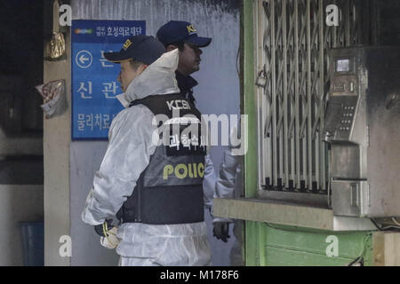 Miryang, Gyeongnam, South Korea. 26th Jan, 2018. Jan 26, 2018-Miryang, South Korea-South Korean Investgators inspection at blaze hospital in Miryang, South Korea. A fire gutted the ground floor of a hospital in southeastern South Korea and sent toxic fumes raging through the six-story building, killing at least 37 people and injuring 131 others in one of the country's deadliest blazes in a decade. Nearly 180 people were inside Sejong Hospital in Miryang, some 380 kilometers southeast of Seoul, when the fire broke out around 7:30 a.m. g from the hosp Credit: ZUMA Press, Inc./Alamy Live News Stock Photo