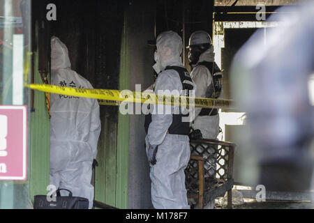 Miryang, Gyeongnam, South Korea. 26th Jan, 2018. Jan 26, 2018-Miryang, South Korea-South Korean Investgators inspection at blaze hospital in Miryang, South Korea. A fire gutted the ground floor of a hospital in southeastern South Korea and sent toxic fumes raging through the six-story building, killing at least 37 people and injuring 131 others in one of the country's deadliest blazes in a decade. Nearly 180 people were inside Sejong Hospital in Miryang, some 380 kilometers southeast of Seoul, when the fire broke out around 7:30 a.m. g from the hosp Credit: ZUMA Press, Inc./Alamy Live News Stock Photo