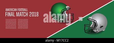American football final match concept. Silver, green Helmets and football on field background. Advertising template for banner, wallpaper, webpage or  Stock Vector