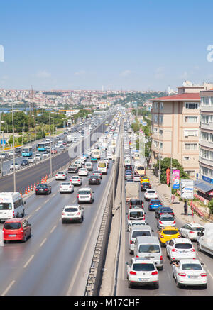 Istanbul, Turkey - June 27, 2016: Traffic flowing at D-100 highway, Avcilar district of Istanbul. Vertical photo Stock Photo