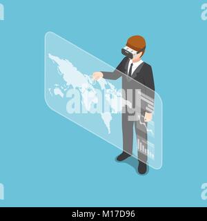 Flat 3d isometric businessman wearing virtual reality headset and analysis the business chart. Business and technology concept. Stock Vector