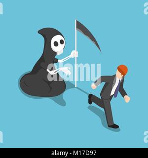 Flat 3d isometric businessman running away from angel of death. Business deadline concept. Stock Vector