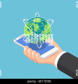 Flat 3d isometric businessman hand holding smartphone with world and global network. internet connection and global communication concept. Stock Vector