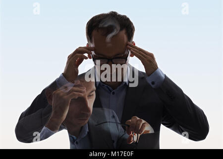 Double Exposure Of Businessman In Suit And Glasses Having Headache Stock Photo
