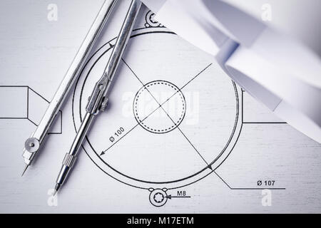 Indastrial drawing detail and several drawing tools. Technical drawings Stock Photo