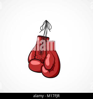 Pair of red hand drawn boxers glovers on a string. Boxers glovers symbol of martial art and sport. Boxing competitions concept. Vector illustration is Stock Vector