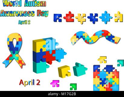 A set of puzzles from ribbons and inscriptions with World Autism Day. Vector illustration on isolated background. Stock Vector