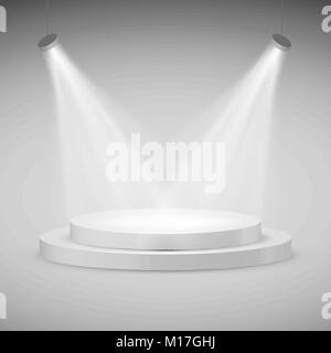 Round stage illuminated by spotlights. Realistic podium. Vector illustration Stock Vector