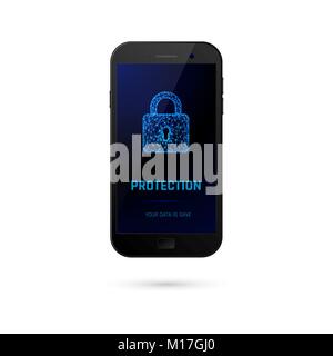 Cyber security protection system concept.  Data protection. Mobile phone with digital padlock on screen. Vector illustration Stock Vector