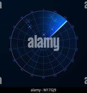 Radar in searching. Military search system blip illustration. Target on blip. Blue navigation interface. Vector Stock Vector