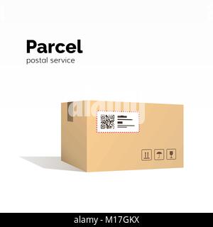 Transportation parcel. carton box container. QR code, closed parcel box, package paper box. package service, flat vector illustration isolated on whit Stock Vector