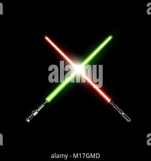 Two realistic light swords. crossed green and red light swords. Vector illustration isolated on dark background Stock Vector