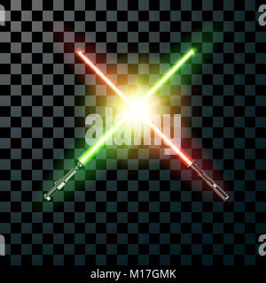 Two realistic light swords. cross swords. Vector illustration isolated on transparent background Stock Vector