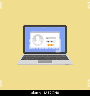 Laptop with authorization on the screen. Login and password of the user. Login to the system or account. Vector illustration Stock Vector