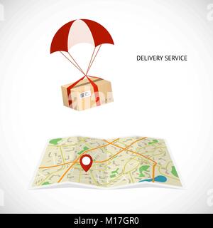 Delivery service. Package flies by parachute to the destination indicated by a pointer on the map. Vector illustration Stock Vector