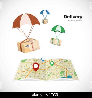 Delivery service. Parcels fly to the destination indicated on the map by the pointer. Vector illustration Stock Vector